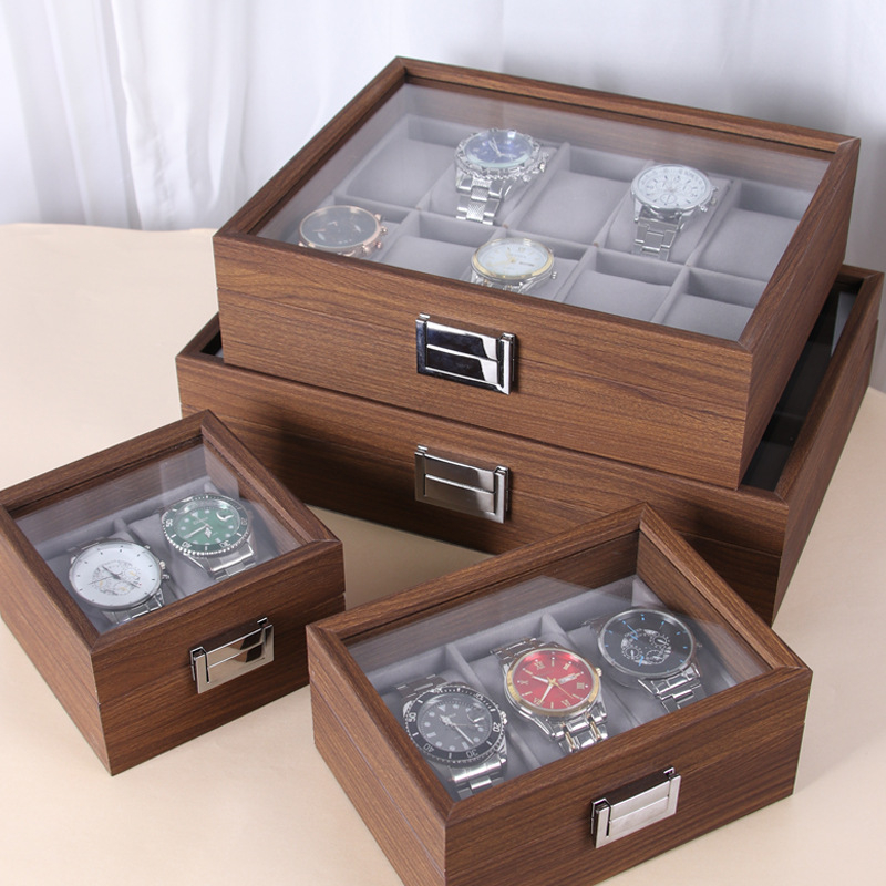Кутия за часовници за показване - дървена, MDF+PU+цинкова сплав+стъкло, сглобяема, терминално опакована, за общо съхранение и бижута