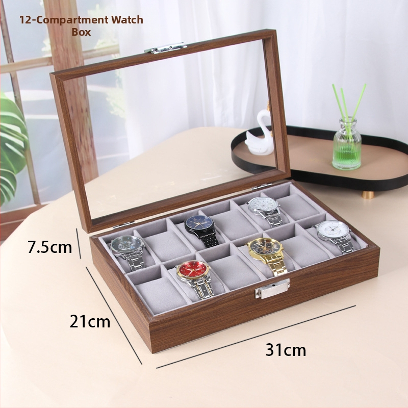 Кутия за часовници за показване - дървена, MDF+PU+цинкова сплав+стъкло, сглобяема, терминално опакована, за общо съхранение и бижута