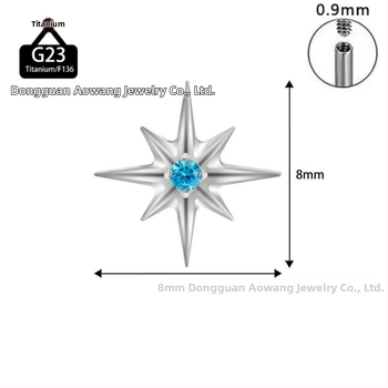 Titánová zliatina lip studs v tvare osmiuholnej hviezdy s kryštálmi zirkónu, leštené, unisex minimalistický dizajn.