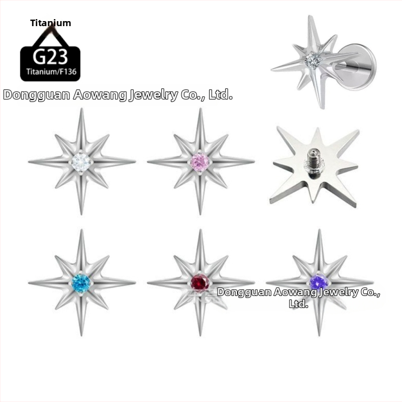 Titánová zliatina lip studs v tvare osmiuholnej hviezdy s kryštálmi zirkónu, leštené, unisex minimalistický dizajn.
