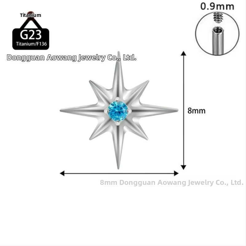 Titánová zliatina lip studs v tvare osmiuholnej hviezdy s kryštálmi zirkónu, leštené, unisex minimalistický dizajn.