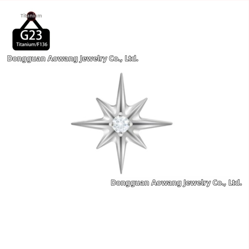 Titánová zliatina lip studs v tvare osmiuholnej hviezdy s kryštálmi zirkónu, leštené, unisex minimalistický dizajn.