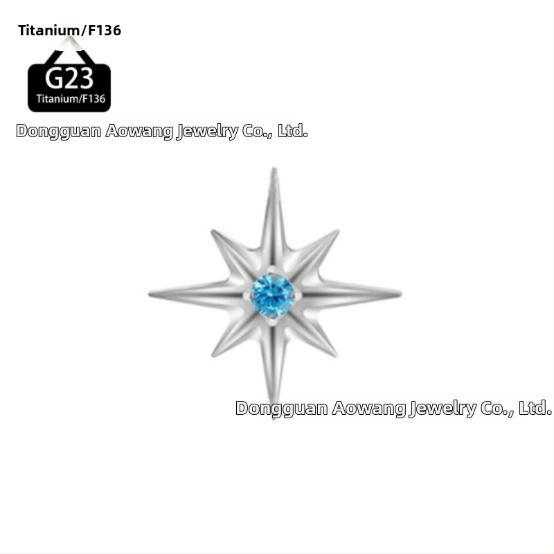 Titánová zliatina lip studs v tvare osmiuholnej hviezdy s kryštálmi zirkónu, leštené, unisex minimalistický dizajn.