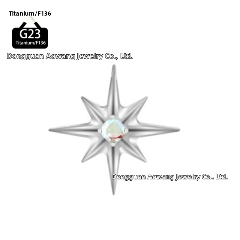 Titánová zliatina lip studs v tvare osmiuholnej hviezdy s kryštálmi zirkónu, leštené, unisex minimalistický dizajn.