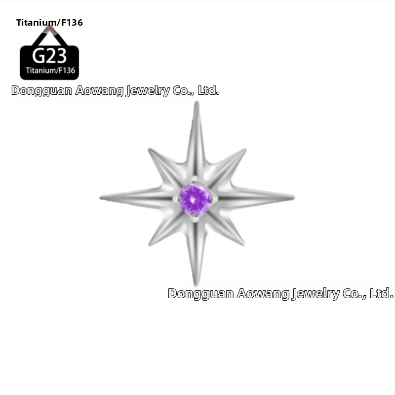 Titánová zliatina lip studs v tvare osmiuholnej hviezdy s kryštálmi zirkónu, leštené, unisex minimalistický dizajn.