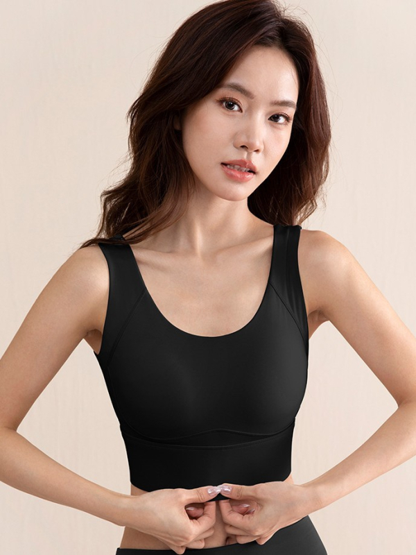 Sutien sport pentru femei, cu cupă completă, cupă medie modelată, bretele fixe duble, închidere pe spate cu patru rânduri; material nylon cu căptușeală de spandex