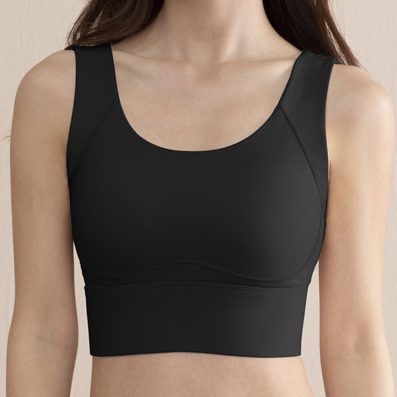 Sutien sport pentru femei, cu cupă completă, cupă medie modelată, bretele fixe duble, închidere pe spate cu patru rânduri; material nylon cu căptușeală de spandex