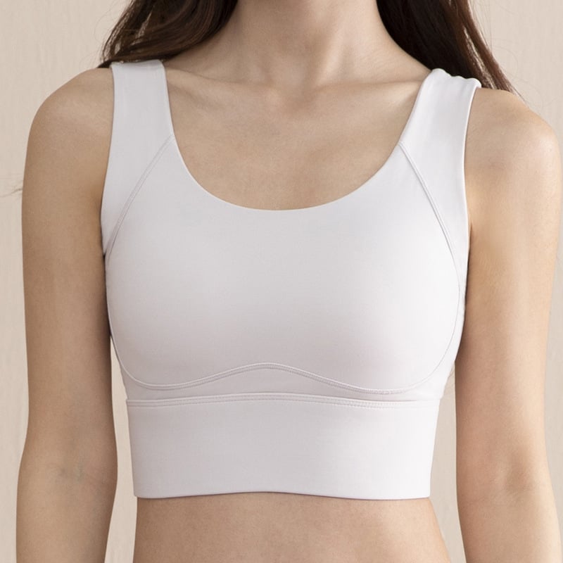 Sutien sport pentru femei, cu cupă completă, cupă medie modelată, bretele fixe duble, închidere pe spate cu patru rânduri; material nylon cu căptușeală de spandex