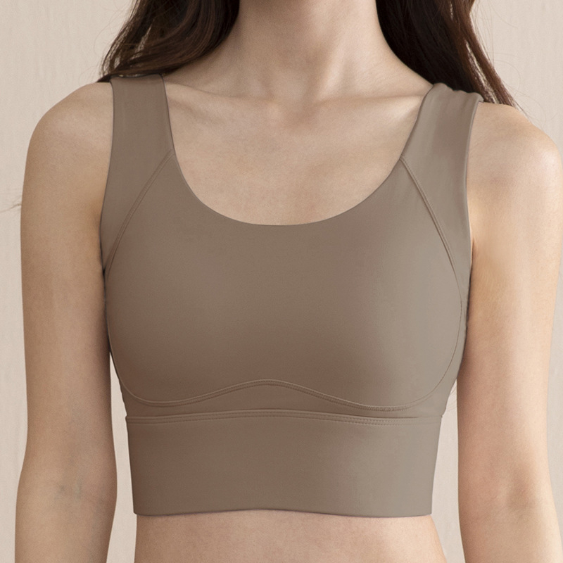 Sutien sport pentru femei, cu cupă completă, cupă medie modelată, bretele fixe duble, închidere pe spate cu patru rânduri; material nylon cu căptușeală de spandex