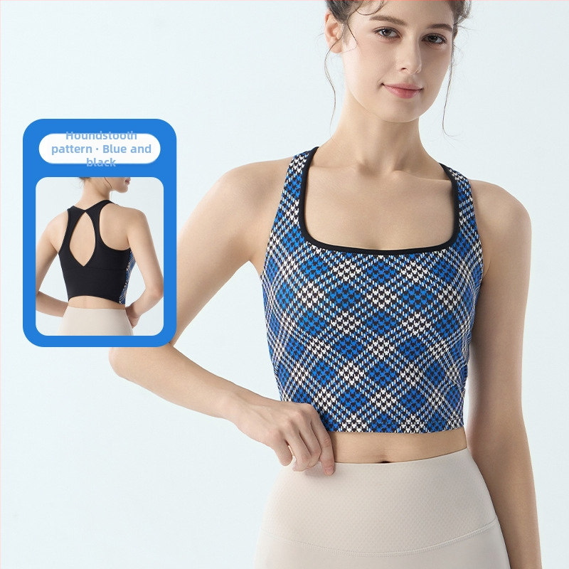 Ženski sportski grudnjak s fiksnim jastučićima, uzorak houndstooth, joga top za trening