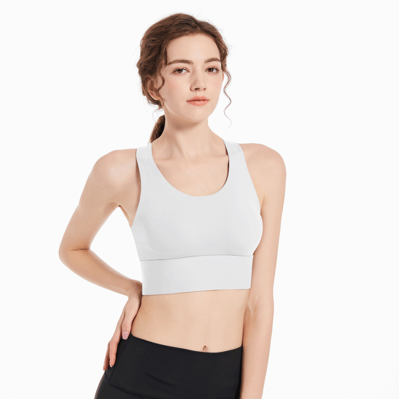 Sutien sport pentru alergare și fitness, cupa 3/4, cupe preformate subțiri, bretele fixe, închidere spate cu trei rânduri de cârlige, nylon 76% principal, nylon 24% căptușeală