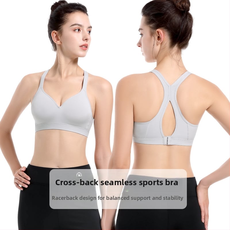 Sutien sport cu spate deschis, fără cusături, respirabil pentru sâni mici, cupă 3/4, cupă modelată subțire, bretele duble fixe, închidere spate cu patru rânduri