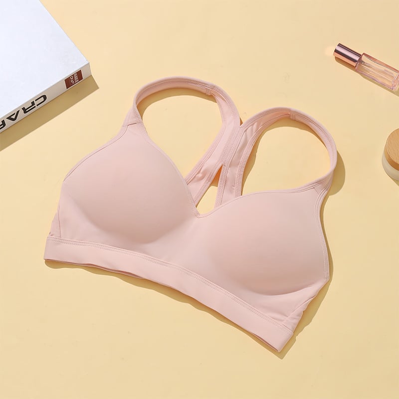 Sutien sport cu spate deschis, fără cusături, respirabil pentru sâni mici, cupă 3/4, cupă modelată subțire, bretele duble fixe, închidere spate cu patru rânduri