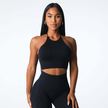 Sutien sport fără cusături din nailon/Lycra, cupe modelate, șnur în față, guler înalt