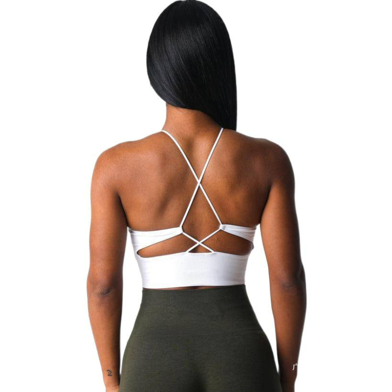 Sutien sport fără cusături din nailon/Lycra, cupe modelate, șnur în față, guler înalt