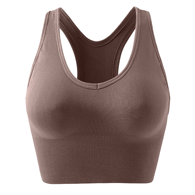 Sutien sport fără cusături, cupe din burete, respirabil și absorbant de transpirație, închidere la spate cu patru rânduri de cârlige, bretele fixe duble