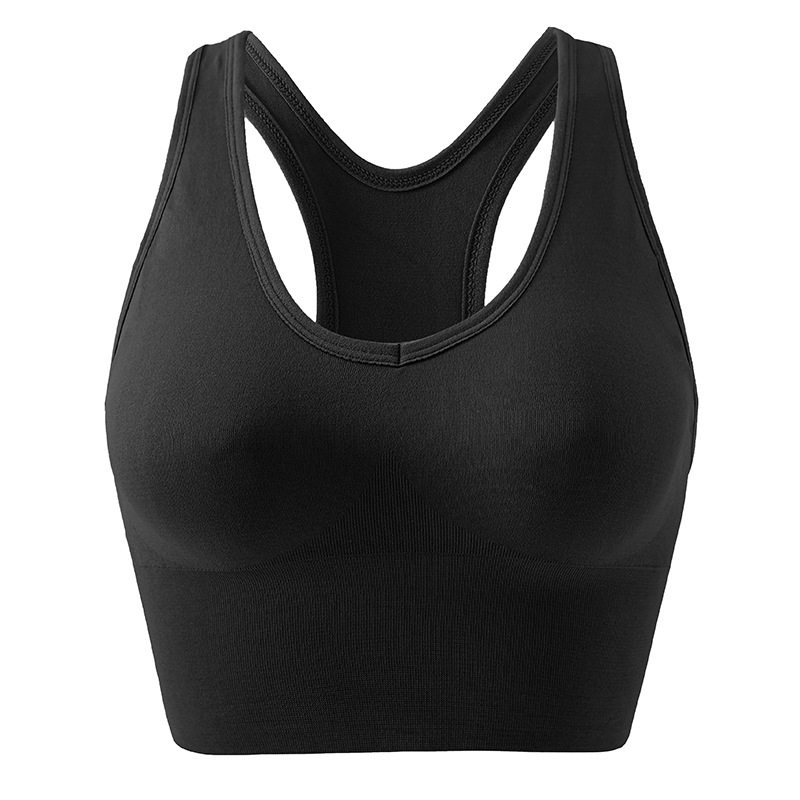 Sutien sport fără cusături, cupe din burete, respirabil și absorbant de transpirație, închidere la spate cu patru rânduri de cârlige, bretele fixe duble