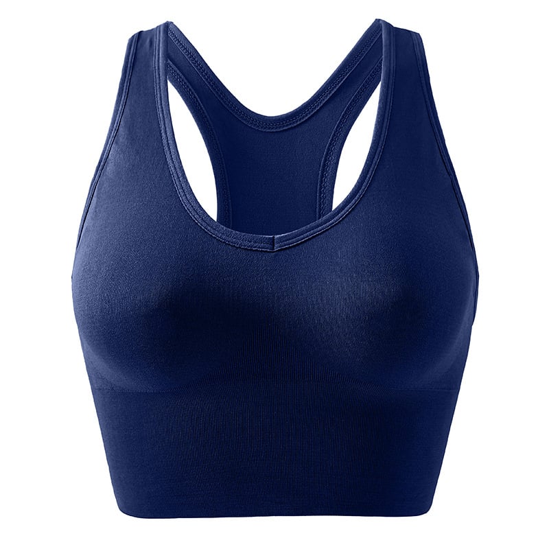 Sutien sport fără cusături, cupe din burete, respirabil și absorbant de transpirație, închidere la spate cu patru rânduri de cârlige, bretele fixe duble