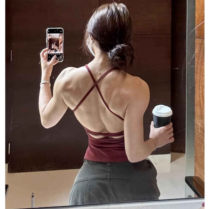 Sutien sport în stil vestă cu pernă pentru sân, cupă 3/4, cupă modelată medie, bretele duble fixe, ţesătură din amestec de bumbac şi nailon, căptuşeală din nailon