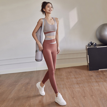 Ženski dvodijelni joga set – dizajn color-block, visokog struka leggings, top s oblikovanim 3/4 šalicama, najlon s Spandex podstavom