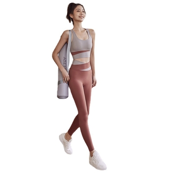 Ženski dvodijelni joga set – dizajn color-block, visokog struka leggings, top s oblikovanim 3/4 šalicama, najlon s Spandex podstavom
