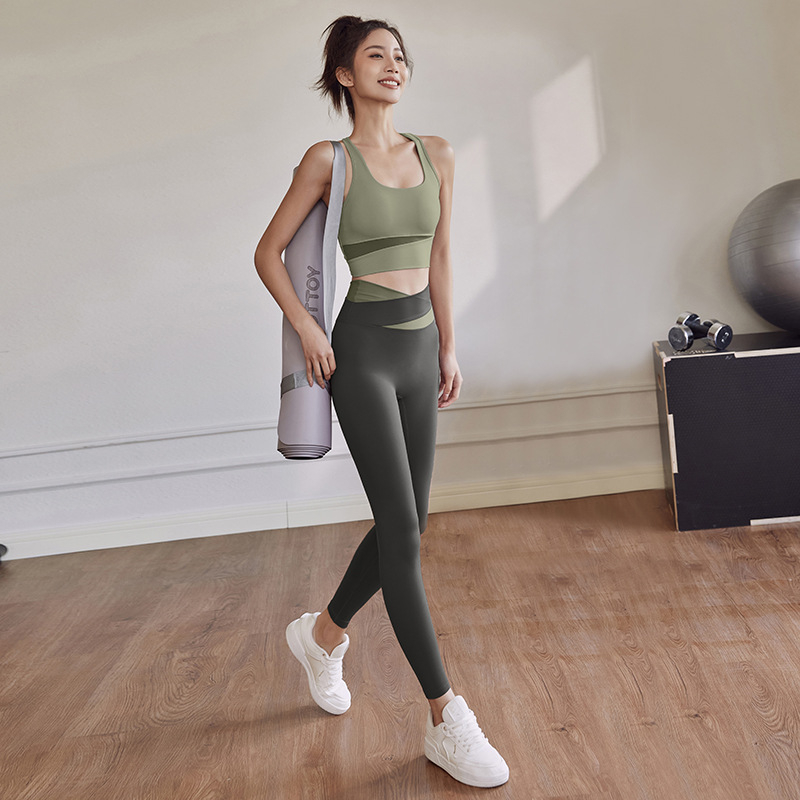 Ženski dvodijelni joga set – dizajn color-block, visokog struka leggings, top s oblikovanim 3/4 šalicama, najlon s Spandex podstavom