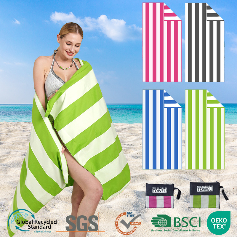 Prugasti dvostruki terry plažni ručnik, brzo sušenje s otiskom; 150D vlakna, 300–400 g, prilagođena prerada
