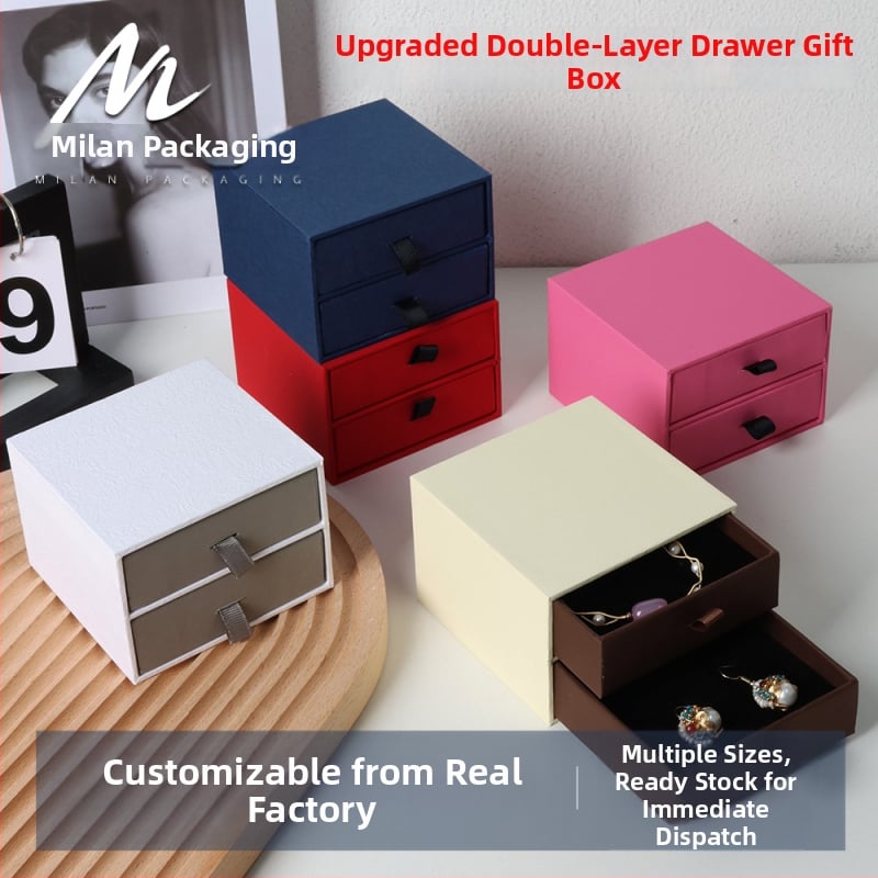 Kétrétegű ékszerdoboz fiókokkal; anyag: papír/karton; csomagolási típus: doboz; cél: ékszerek tárolása; márka: Milan