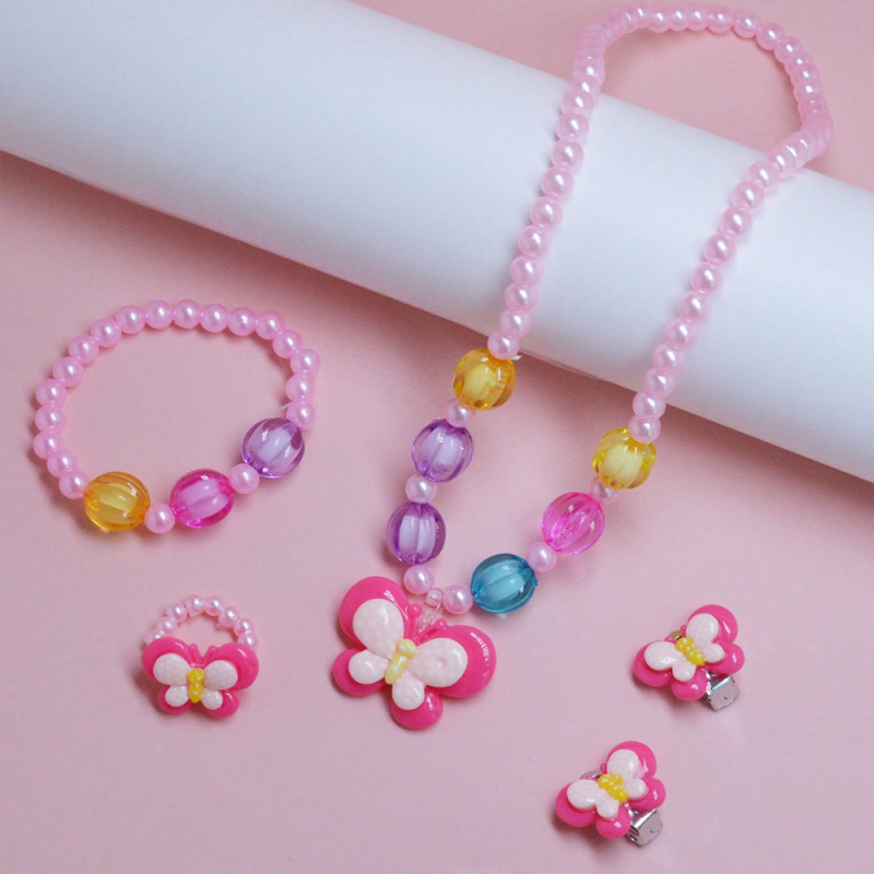 Колие за деца с висулка от смола, карикатурен дизайн с пеперуда, верижка с топчета, ръчна изработка, персонализируемо