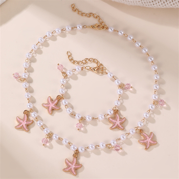 Bērnu kaklarota ar jūras gliemežvākiem un jūras zvaigznes motīvu, imitācijas pērlītes no sveķiem, lodīšu kaklasaite, apkārtmērs 21–50 cm