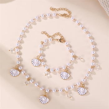 Bērnu kaklarota ar jūras gliemežvākiem un jūras zvaigznes motīvu, imitācijas pērlītes no sveķiem, lodīšu kaklasaite, apkārtmērs 21–50 cm