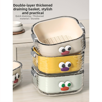 Двупластов басейн за миене на зеленчуци с дренажна кошница, PET пластмаса, карикатурен принт, модерен минималистичен стил, първокласно качество