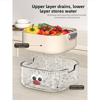 Двупластов басейн за миене на зеленчуци с дренажна кошница, PET пластмаса, карикатурен принт, модерен минималистичен стил, първокласно качество
