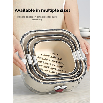 Двупластов басейн за миене на зеленчуци с дренажна кошница, PET пластмаса, карикатурен принт, модерен минималистичен стил, първокласно качество