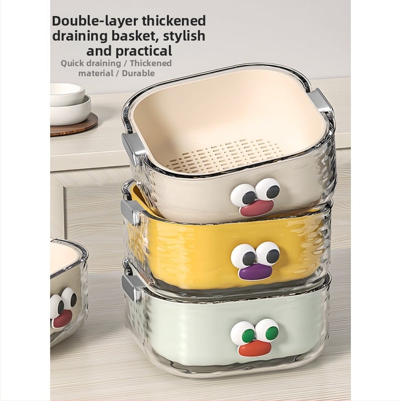 Двупластов басейн за миене на зеленчуци с дренажна кошница, PET пластмаса, карикатурен принт, модерен минималистичен стил, първокласно качество