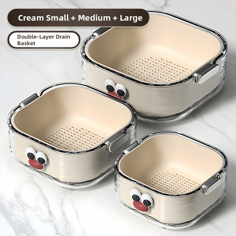 Двупластов басейн за миене на зеленчуци с дренажна кошница, PET пластмаса, карикатурен принт, модерен минималистичен стил, първокласно качество