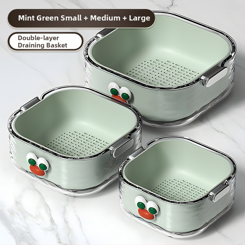 Двупластов басейн за миене на зеленчуци с дренажна кошница, PET пластмаса, карикатурен принт, модерен минималистичен стил, първокласно качество