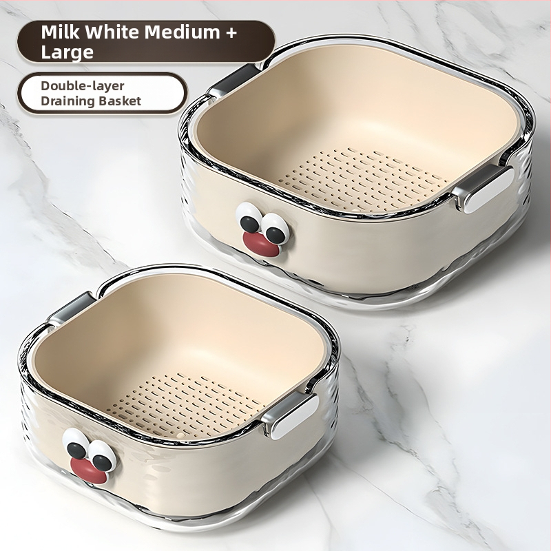 Двупластов басейн за миене на зеленчуци с дренажна кошница, PET пластмаса, карикатурен принт, модерен минималистичен стил, първокласно качество