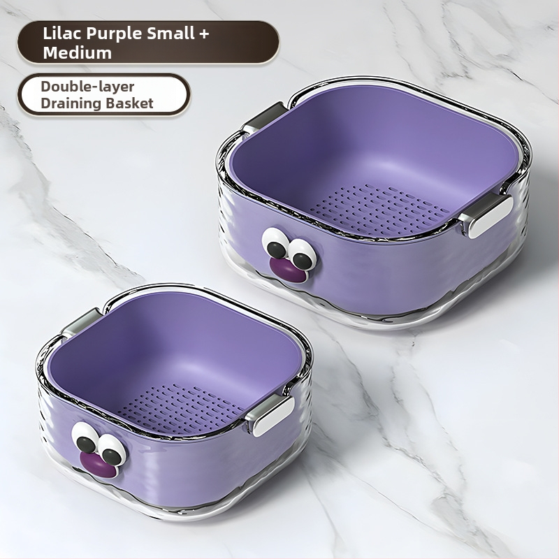 Двупластов басейн за миене на зеленчуци с дренажна кошница, PET пластмаса, карикатурен принт, модерен минималистичен стил, първокласно качество