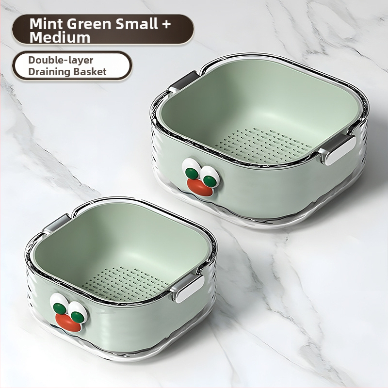 Двупластов басейн за миене на зеленчуци с дренажна кошница, PET пластмаса, карикатурен принт, модерен минималистичен стил, първокласно качество