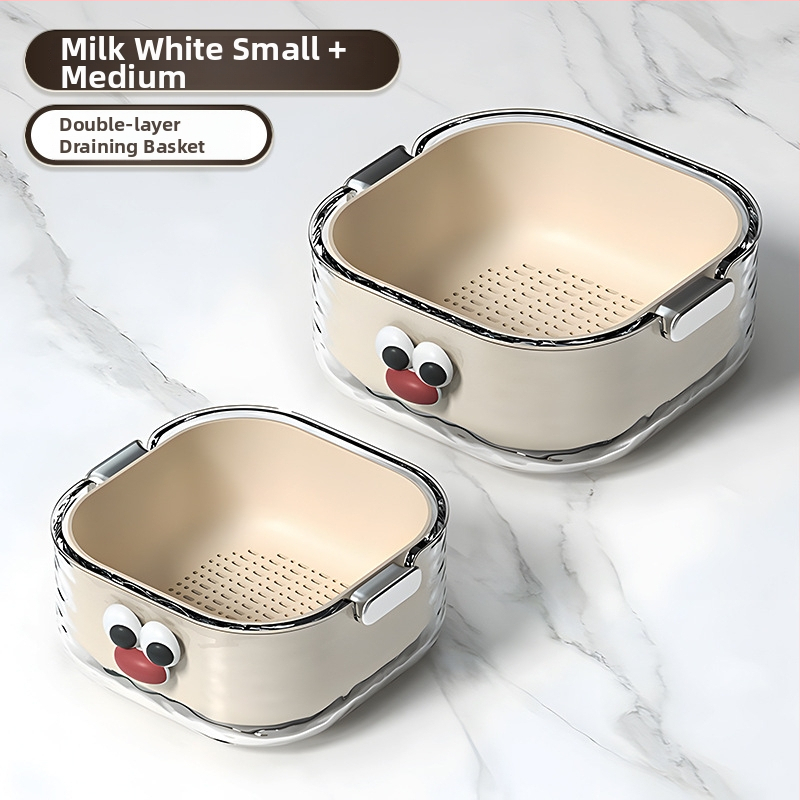 Двупластов басейн за миене на зеленчуци с дренажна кошница, PET пластмаса, карикатурен принт, модерен минималистичен стил, първокласно качество