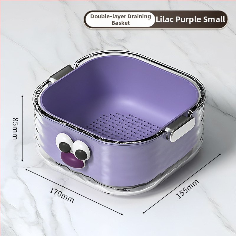 Двупластов басейн за миене на зеленчуци с дренажна кошница, PET пластмаса, карикатурен принт, модерен минималистичен стил, първокласно качество