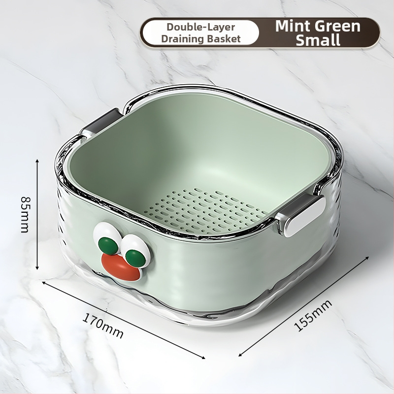 Двупластов басейн за миене на зеленчуци с дренажна кошница, PET пластмаса, карикатурен принт, модерен минималистичен стил, първокласно качество