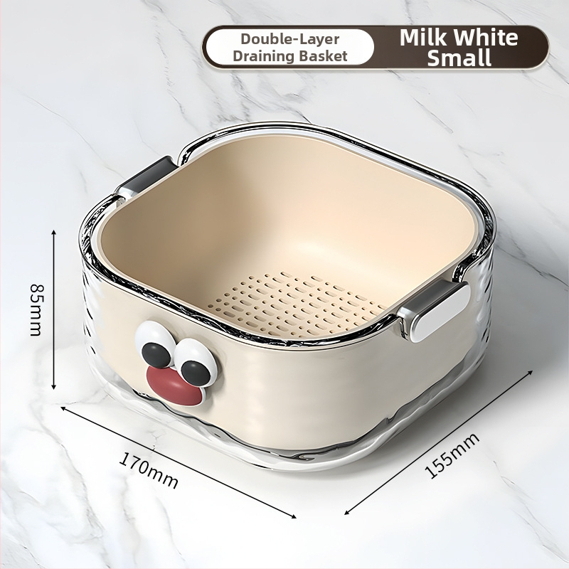 Двупластов басейн за миене на зеленчуци с дренажна кошница, PET пластмаса, карикатурен принт, модерен минималистичен стил, първокласно качество