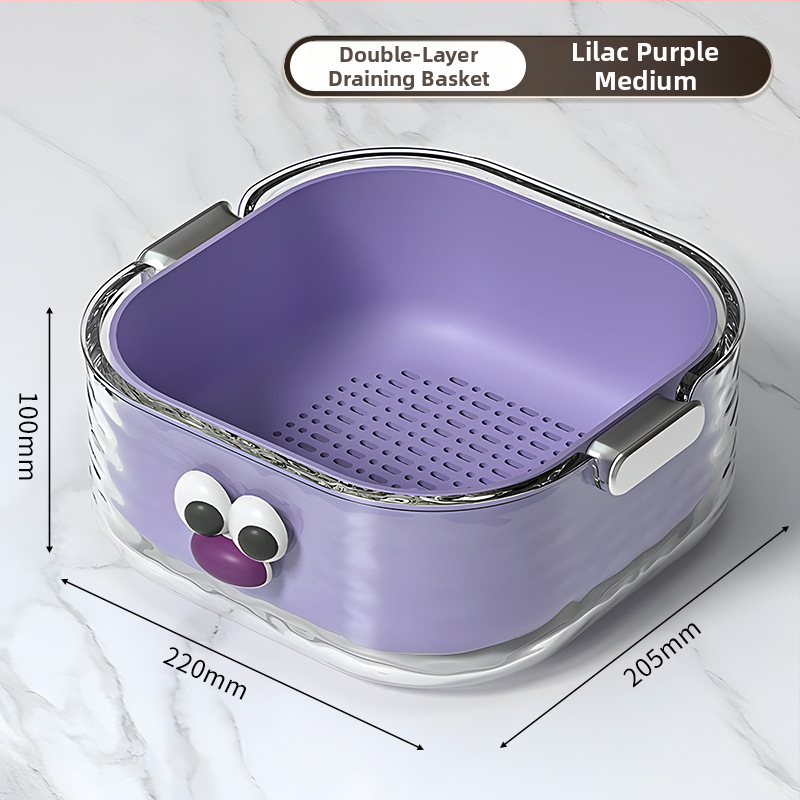 Двупластов басейн за миене на зеленчуци с дренажна кошница, PET пластмаса, карикатурен принт, модерен минималистичен стил, първокласно качество