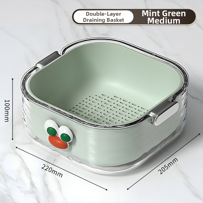 Двупластов басейн за миене на зеленчуци с дренажна кошница, PET пластмаса, карикатурен принт, модерен минималистичен стил, първокласно качество