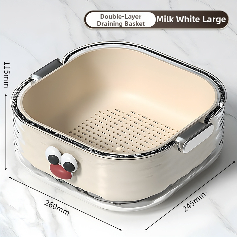 Двупластов басейн за миене на зеленчуци с дренажна кошница, PET пластмаса, карикатурен принт, модерен минималистичен стил, първокласно качество