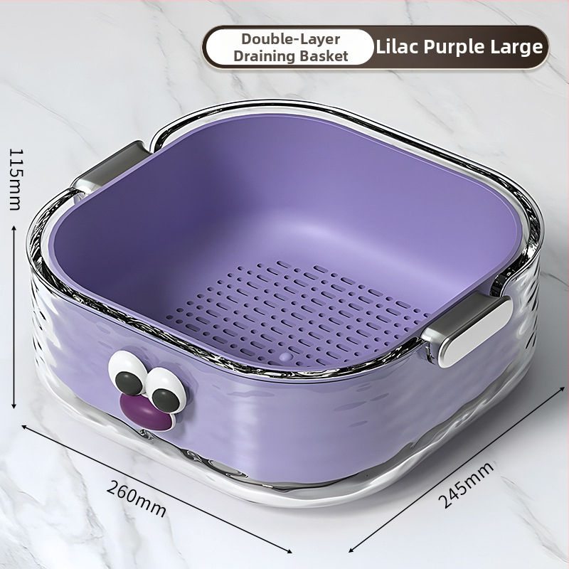 Двупластов басейн за миене на зеленчуци с дренажна кошница, PET пластмаса, карикатурен принт, модерен минималистичен стил, първокласно качество