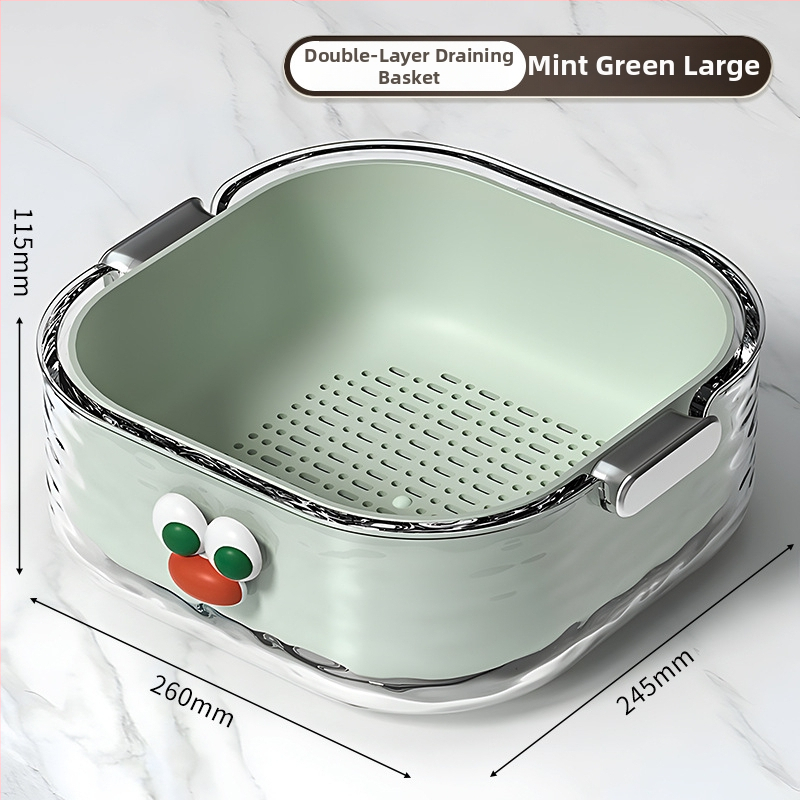 Двупластов басейн за миене на зеленчуци с дренажна кошница, PET пластмаса, карикатурен принт, модерен минималистичен стил, първокласно качество