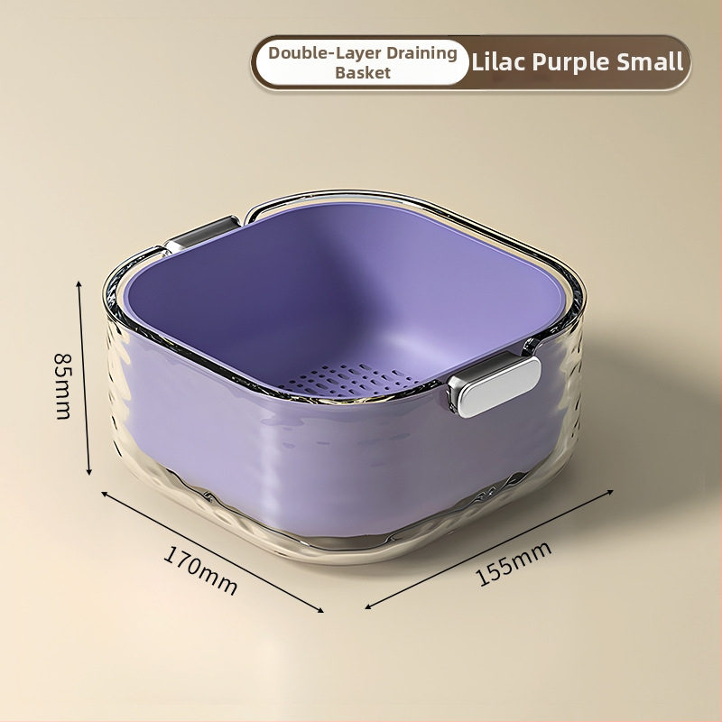 Двупластов басейн за миене на зеленчуци с дренажна кошница, PET пластмаса, карикатурен принт, модерен минималистичен стил, първокласно качество